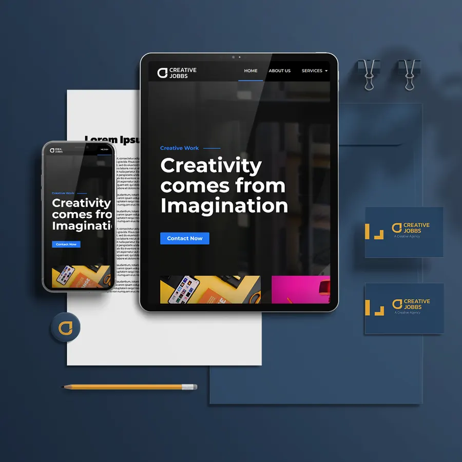 Creative Jobbs website and stationery mockup
