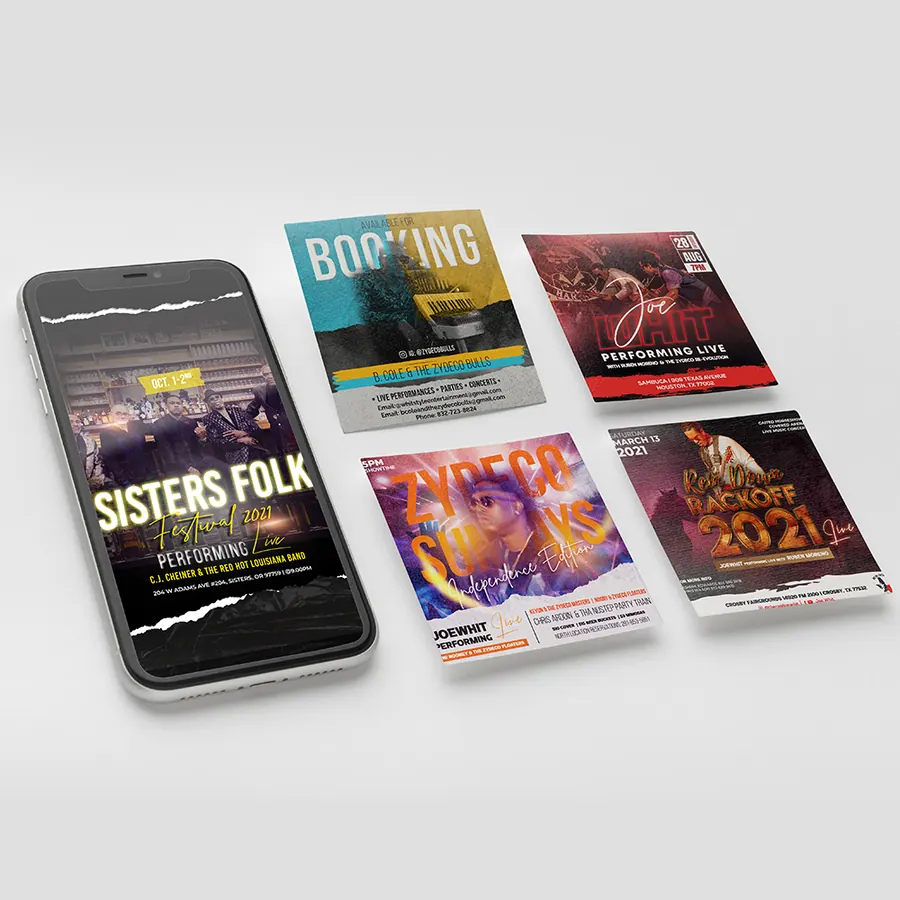Set of event flyers shown on a phone and in print